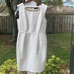 Ellen Tracy Sleeveless White Dress W/ Gold Beading